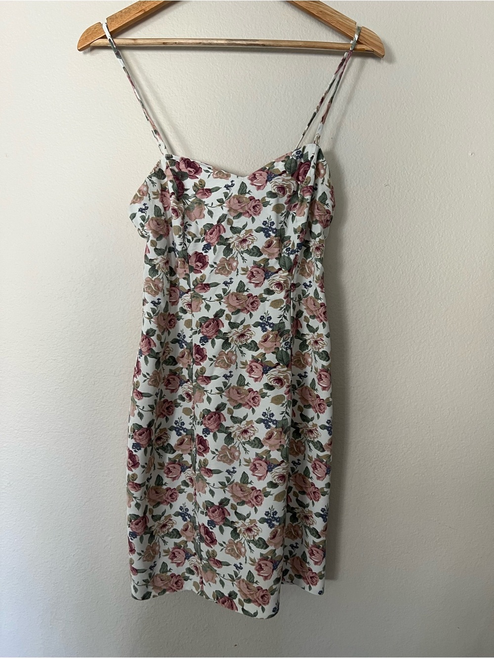 Vintage Floral Spaghetti Strap Mini Dress - White with Pink & Green Floral